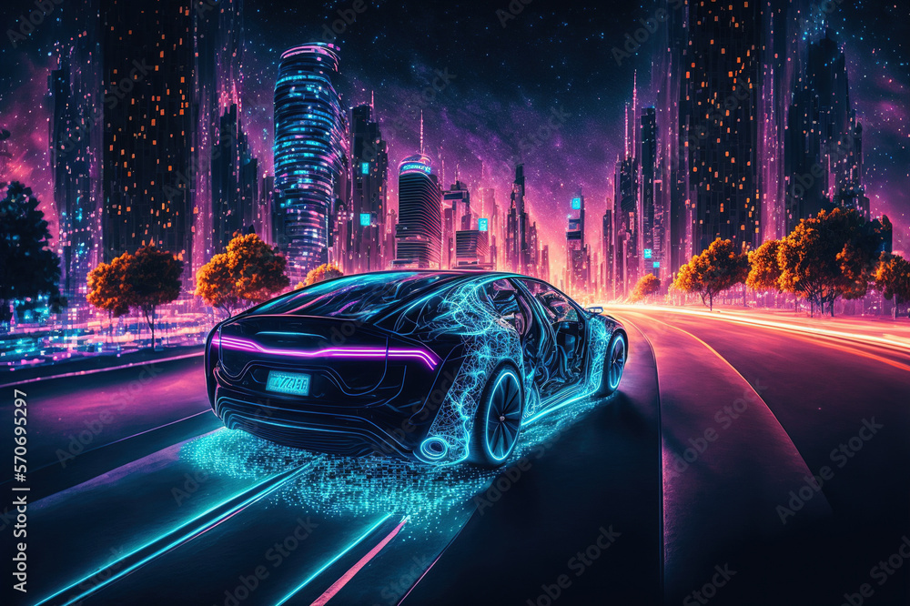 Racing sports car driving on urban city road with luxury digital technology . Sublime Generative AI 