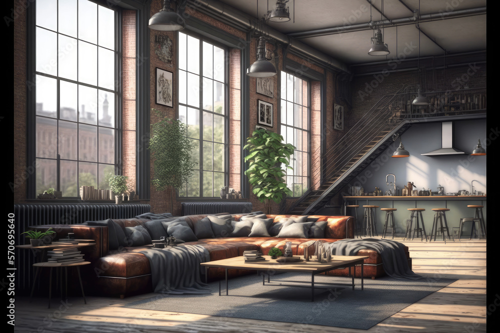 Luxury apartment decorated with industrial loft modern interior design. Peculiar AI generative image