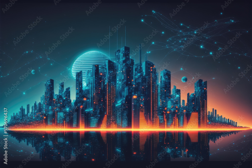 Futuristic smart city internet network connection through wireless system. Peculiar AI generative im