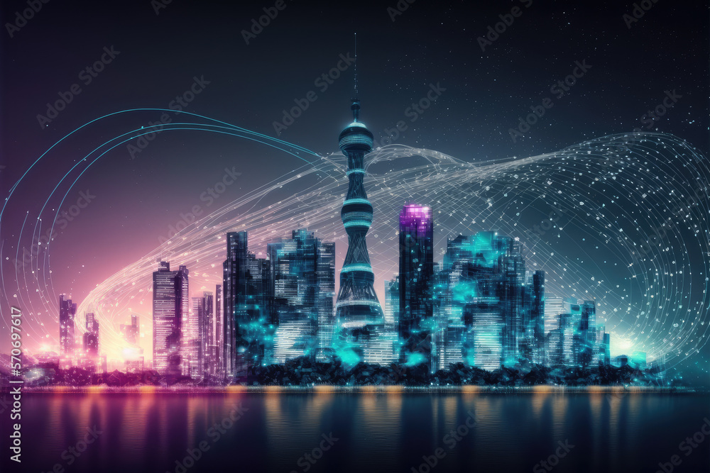 Smart city with communication network graphic connecting the city with wireless internet technology.