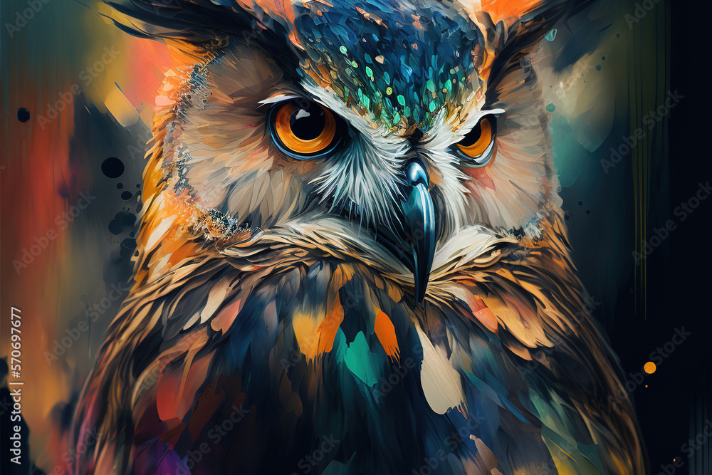 Watercolor painting of owl in style of colorful abstract art . Admirable Generative AI image .