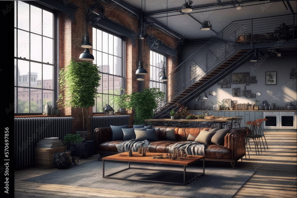 Luxury apartment decorated with industrial loft modern interior design. Peculiar AI generative image