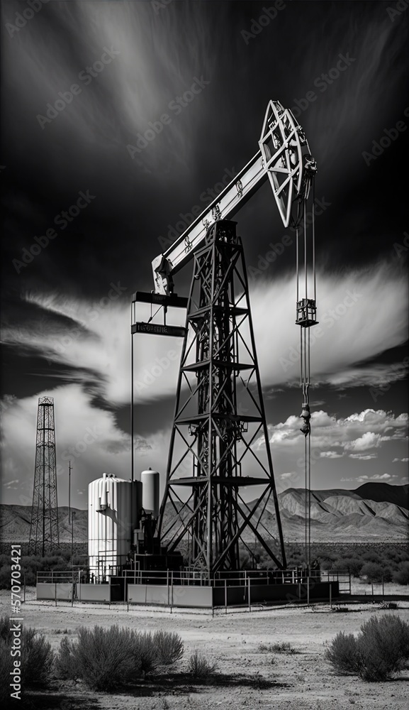  a black and white photo of an oil rig in the middle of the desert with clouds in the sky and mounta