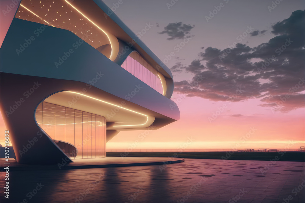 Sunset view of empty balcony floor on corridor of modern building exterior. Peculiar AI generative i