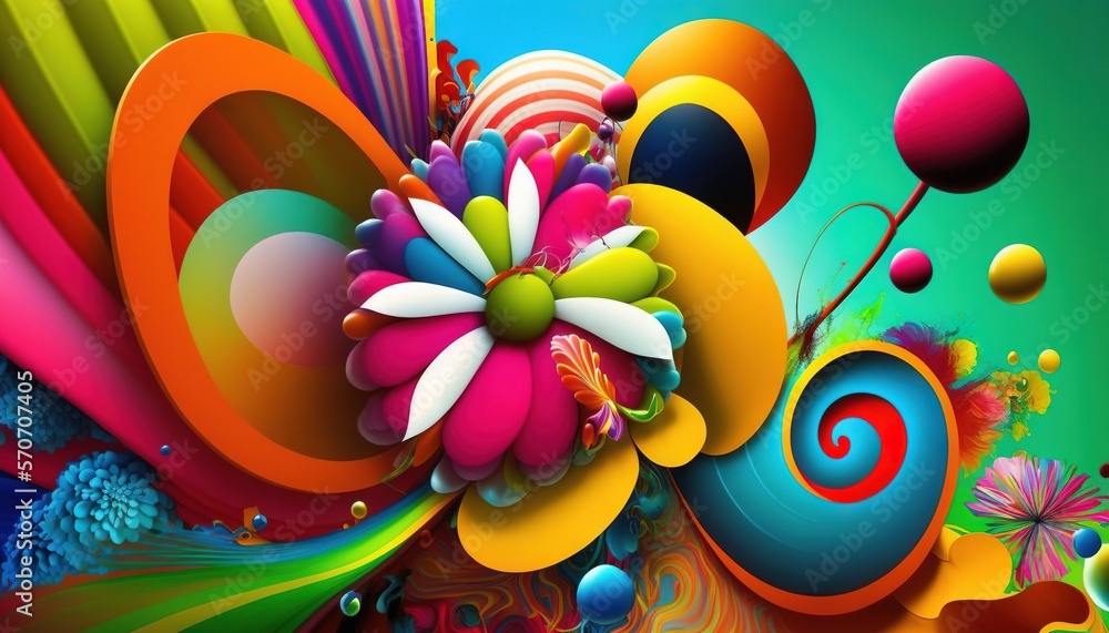  a colorful abstract painting with a flower and swirls on its side and a swirl in the middle of the