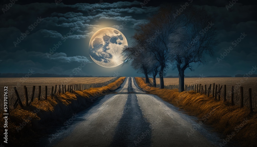  a painting of a road with a full moon in the sky and trees on either side of the road, with a fence