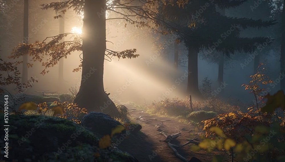  a path through a forest with sunbeams shining through the trees on a foggy day in the fall or early