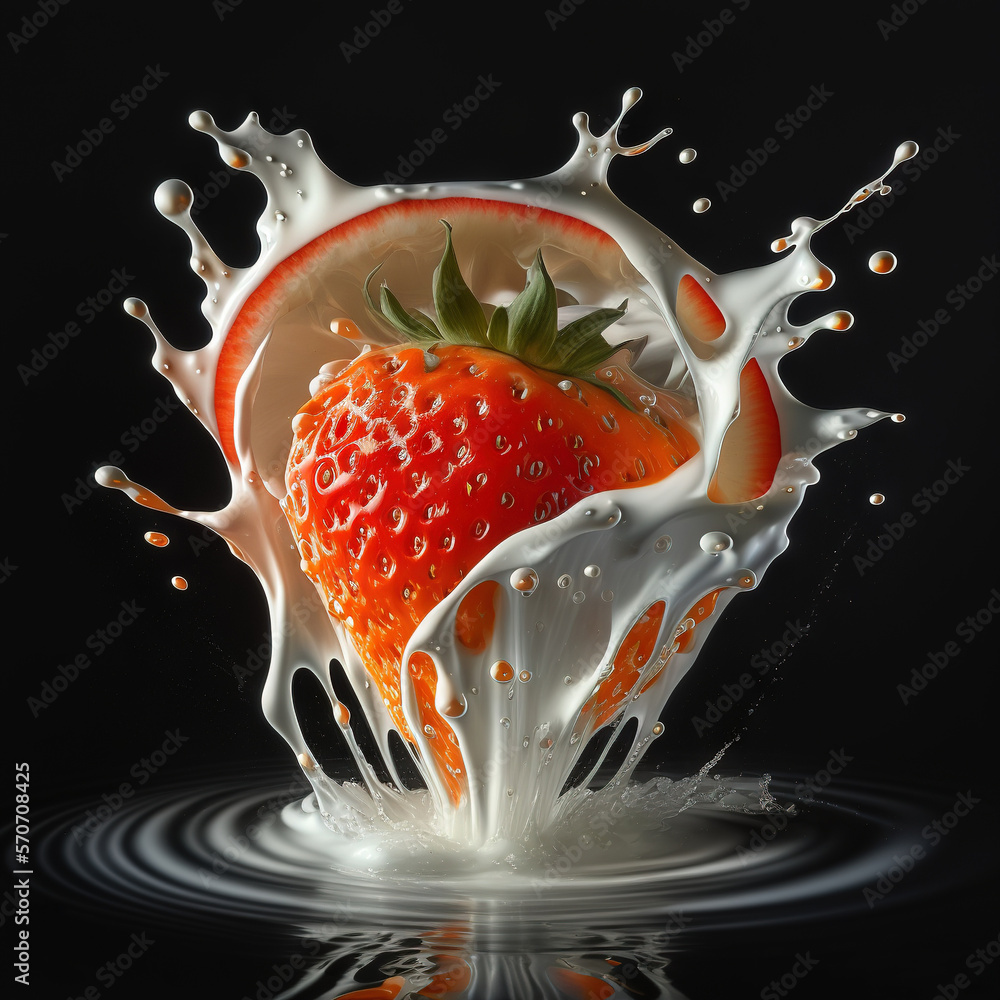  a strawberry splashing into a puddle of milk on a black background with a black background and a wh