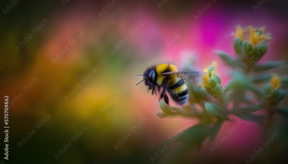  a bee is flying away from a yellow and pink flower in a blurry photo of a plant with yellow and pin