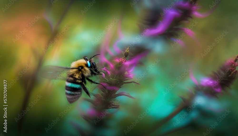  a bee flying over a purple flower in a blurry photo of a plant with purple flowers in the foregroun