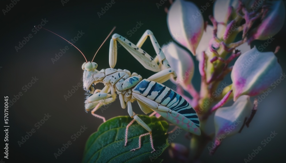  a close up of a grasshopper on a flower with a bug on its back end and a bug on its back end.  gen