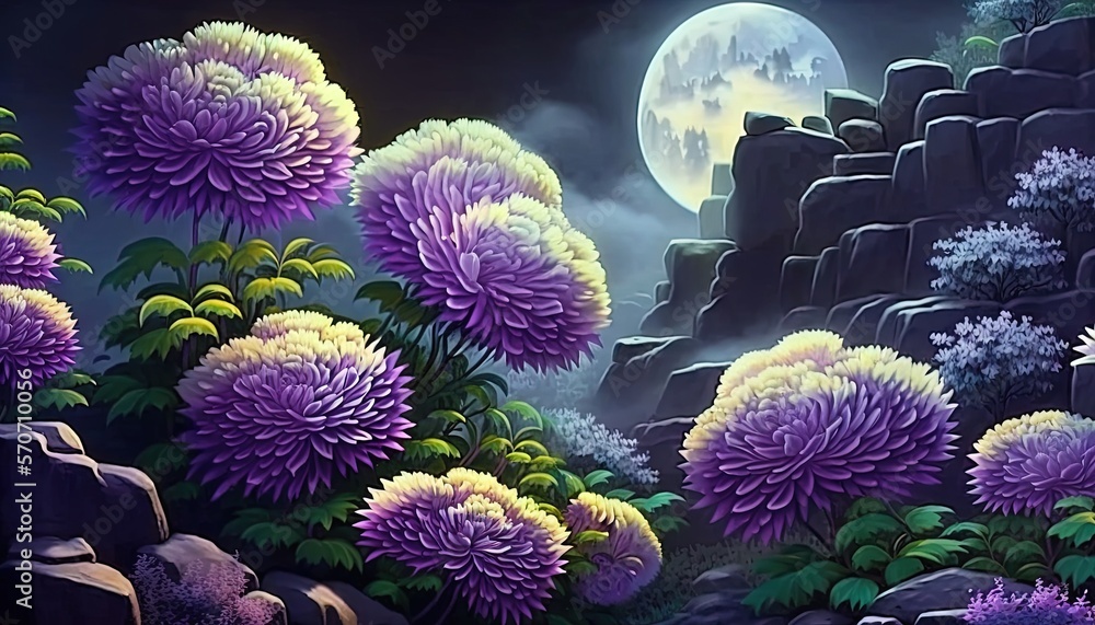  a painting of purple flowers and a full moon in the sky above a rocky landscape with rocks and bush