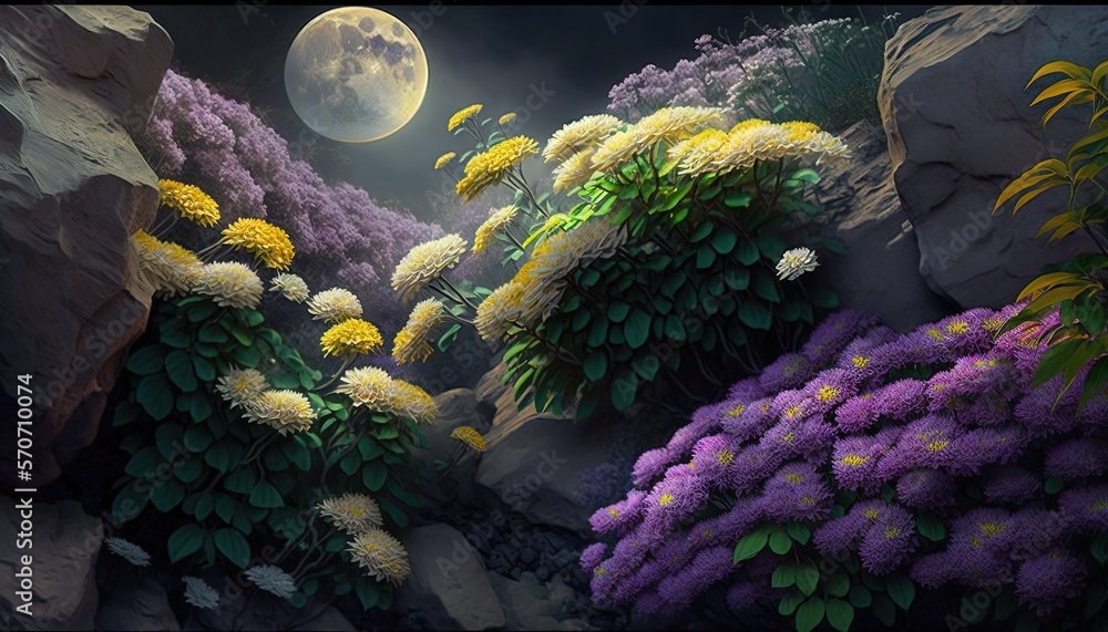  a painting of flowers and rocks with a full moon in the sky behind them and a full moon in the sky 