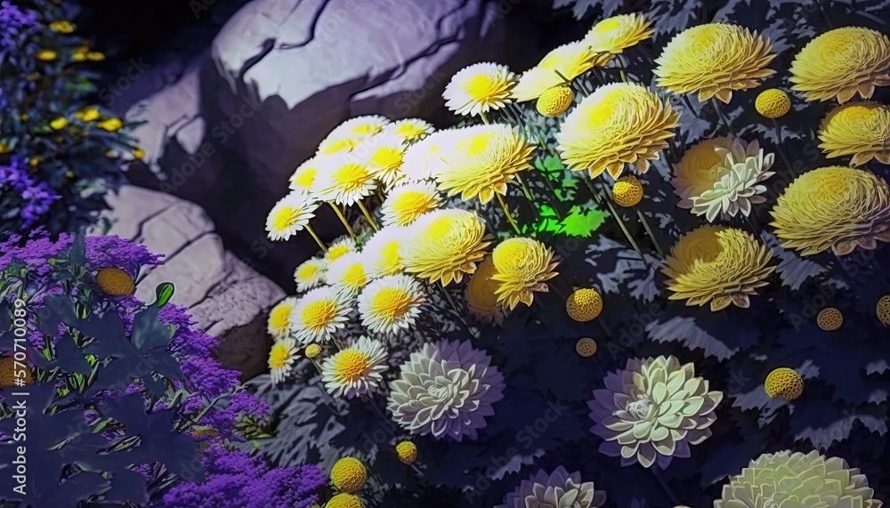  a painting of yellow and white flowers in front of a rock formation with purple and yellow flowers 