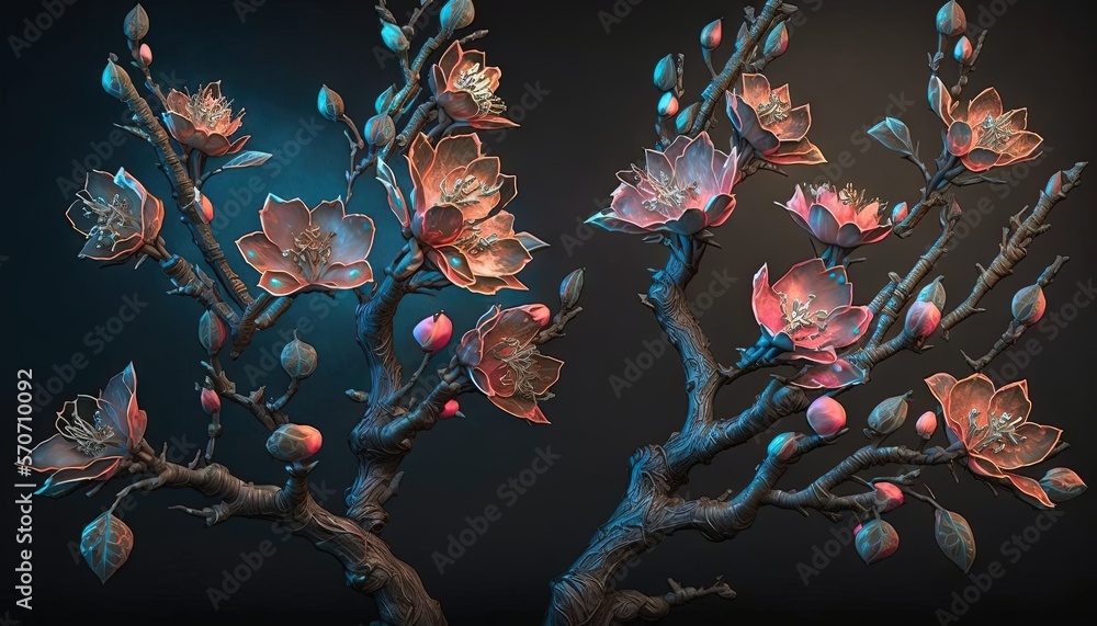  a tree with flowers and leaves on a black background with a blue background and a black background 