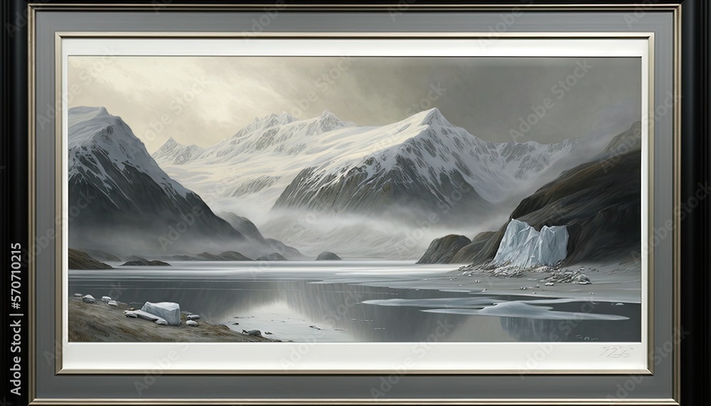  a painting of a mountain range with icebergs in the foreground and a body of water in the foregroun