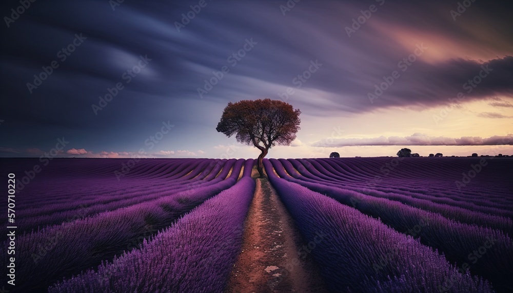  a lone tree in a lavender field under a cloudy sky at sunset with a path leading to the tree in the