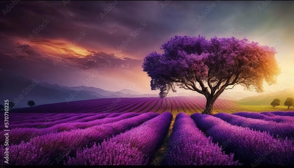  a lone tree in a lavender field at sunset with mountains in the distance and a purple sky above it,