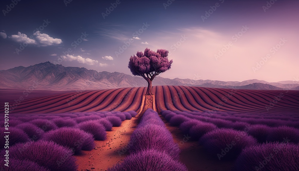  a lone tree stands in the middle of a field of lavenders in front of a mountain range in the distan