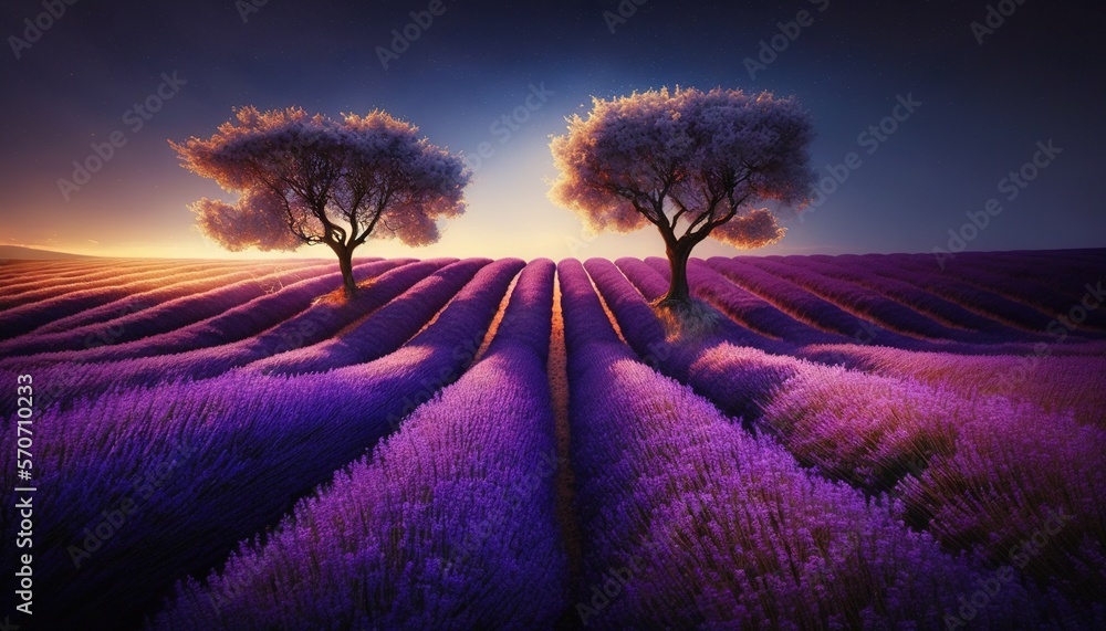  two trees in a lavender field at sunset with a blue sky in the background and the sun shining throu