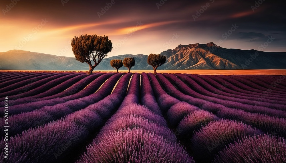  two trees in a lavender field with mountains in the background and a sunset in the sky behind them,