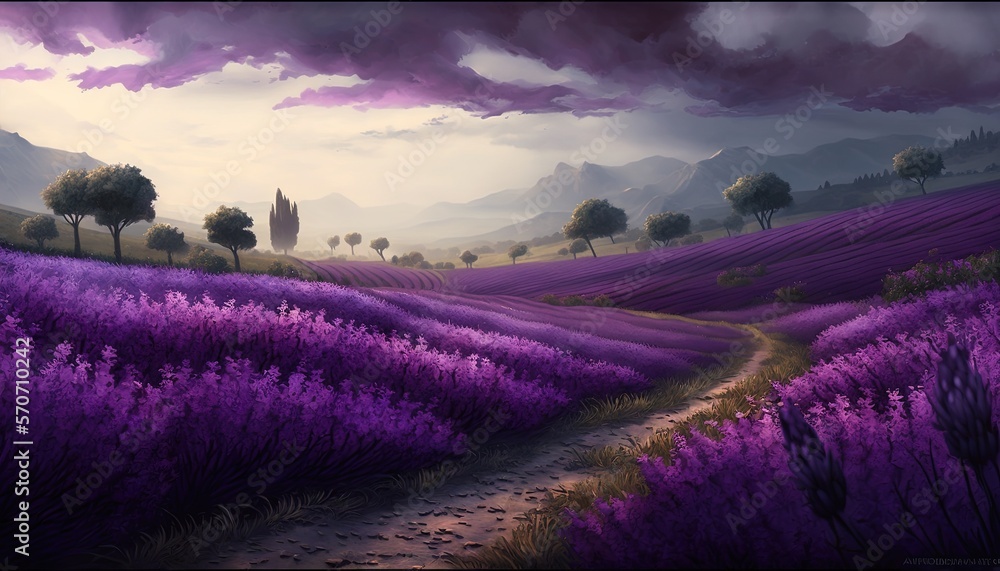  a painting of a lavender field with a path leading to a church in the distance and a dark cloudy sk