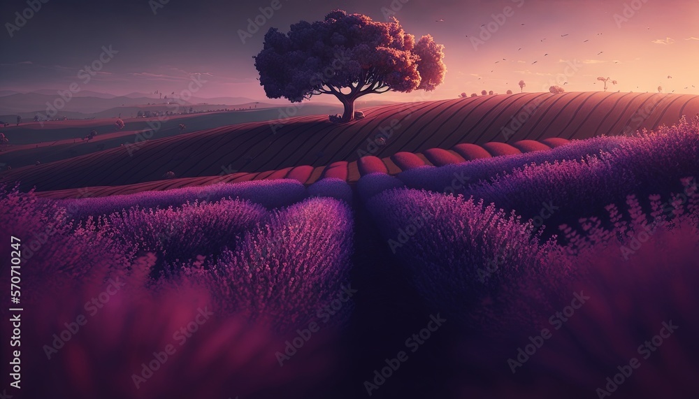  a lone tree in a field of lavenders with a sunset in the background and birds in the sky over the h