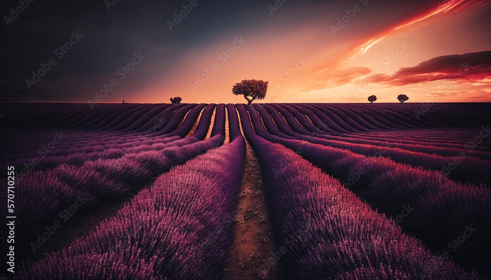  a lone tree stands in the middle of a field of lavenders as the sun sets over a lone tree in the di