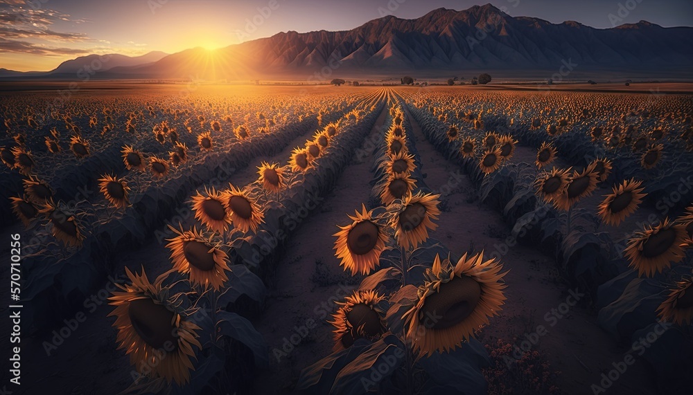  a large field of sunflowers in the middle of a field with mountains in the background and a setting