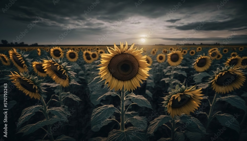  a large field of sunflowers with a dark sky in the background and the sun shining through the cloud