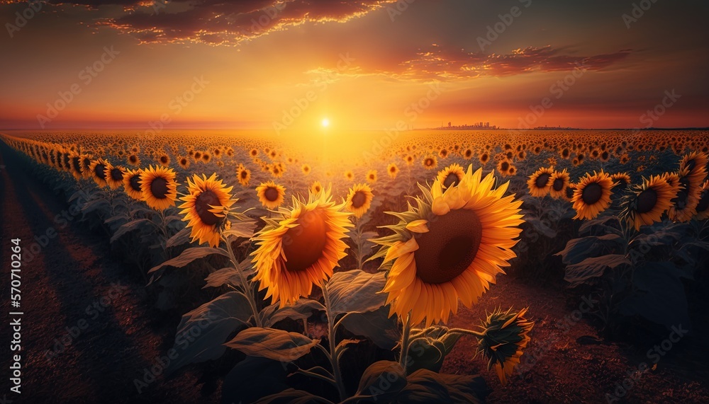  a large field of sunflowers with the sun setting in the distance in the distance, with the sun sett