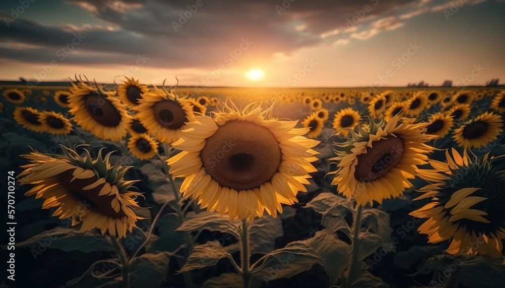  a large field of sunflowers with the sun setting in the distance in the distance, with the sky in t