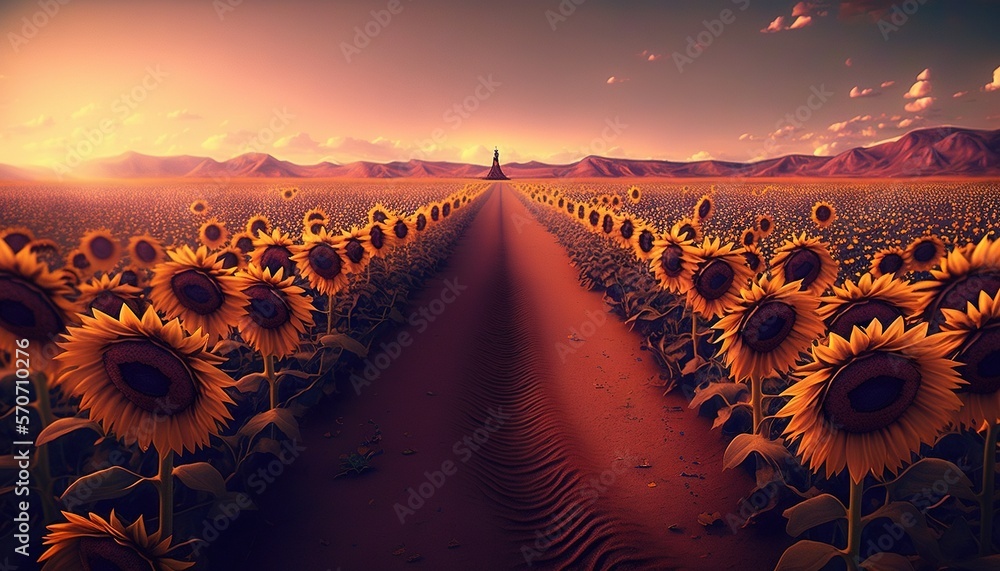  a large field of sunflowers with a person standing in the distance in the middle of the field in th