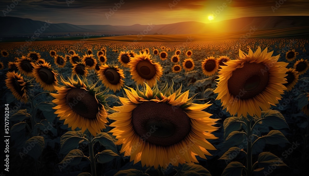  a large field of sunflowers with the sun setting in the distance in the distance, with mountains in