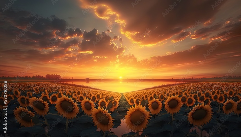  a large field of sunflowers with the sun setting in the background and clouds in the sky over the w