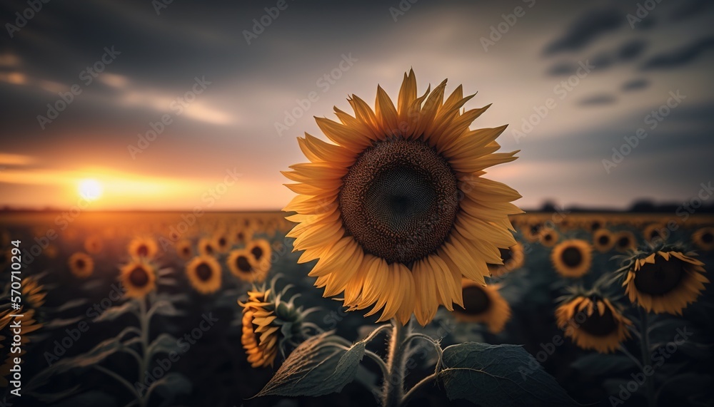  a large sunflower in a large field of sunflowers at sunset with a dark sky in the background and a 