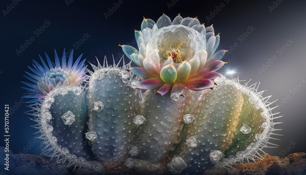  a cactus with a flower on top of it in a desert area with rocks and a dark background with a light 