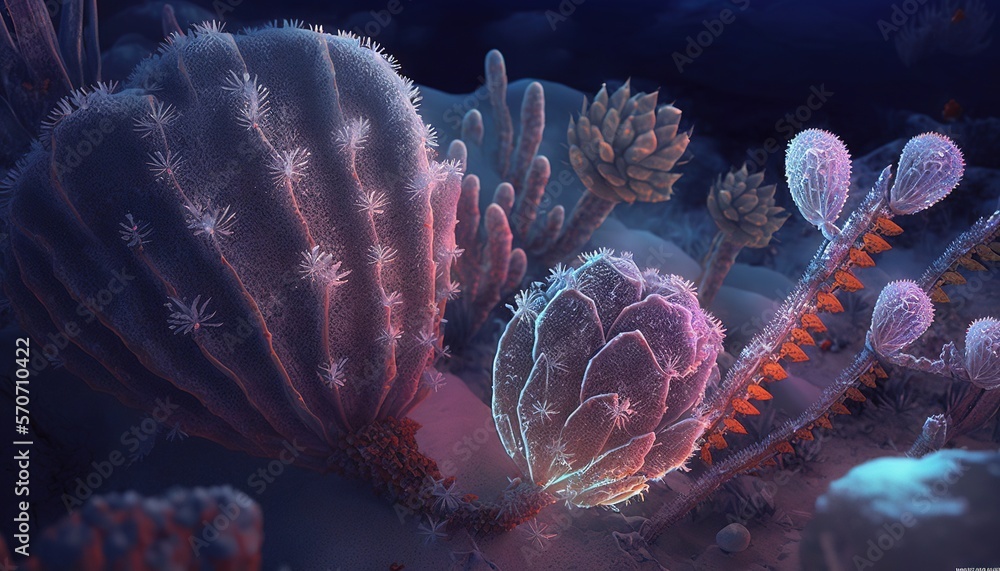  a group of sea urchins in the ocean with a dark sky in the back ground and a blue sky in the back g