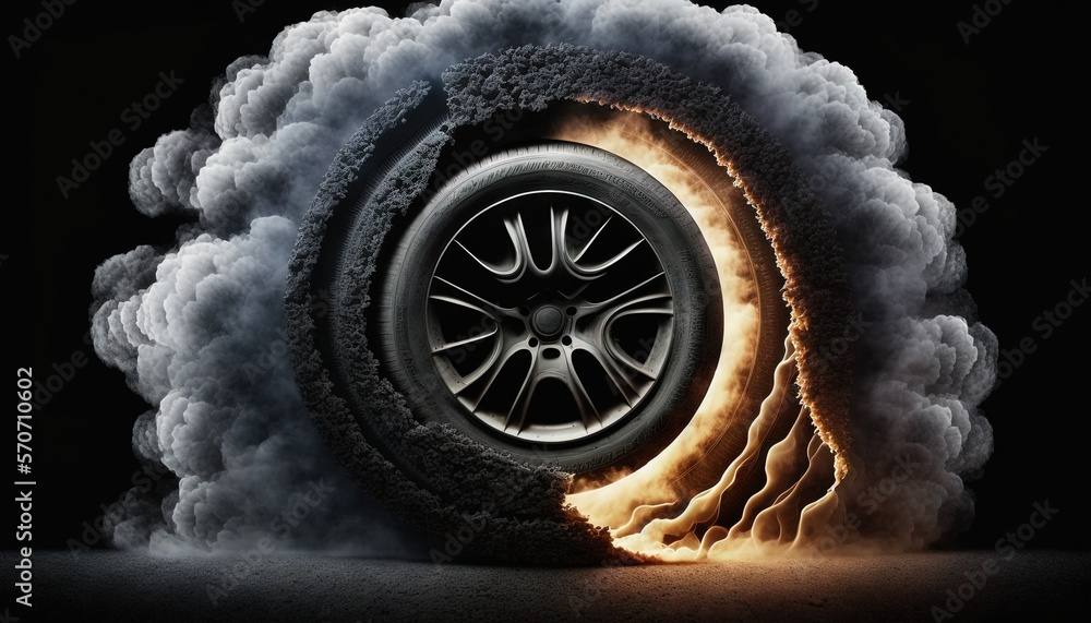  a car tire with a lot of smoke coming out of the tire, on a black background with a spot light from