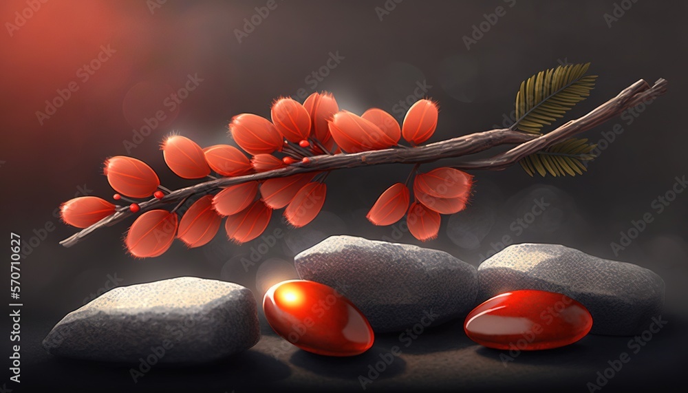  a branch with red flowers and stones on a dark background with a red light coming from behind it an