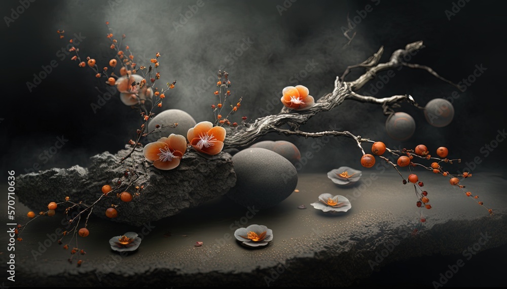  a group of orange flowers on a rock with a tree branch in the middle of the picture and a few other