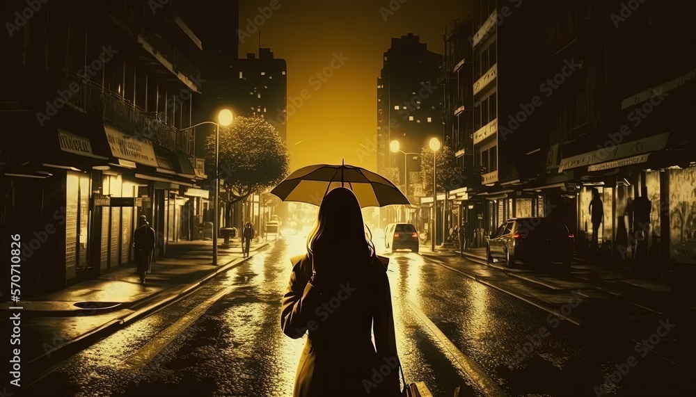  a woman holding an umbrella walking down a street at night in the rain with buildings in the backgr