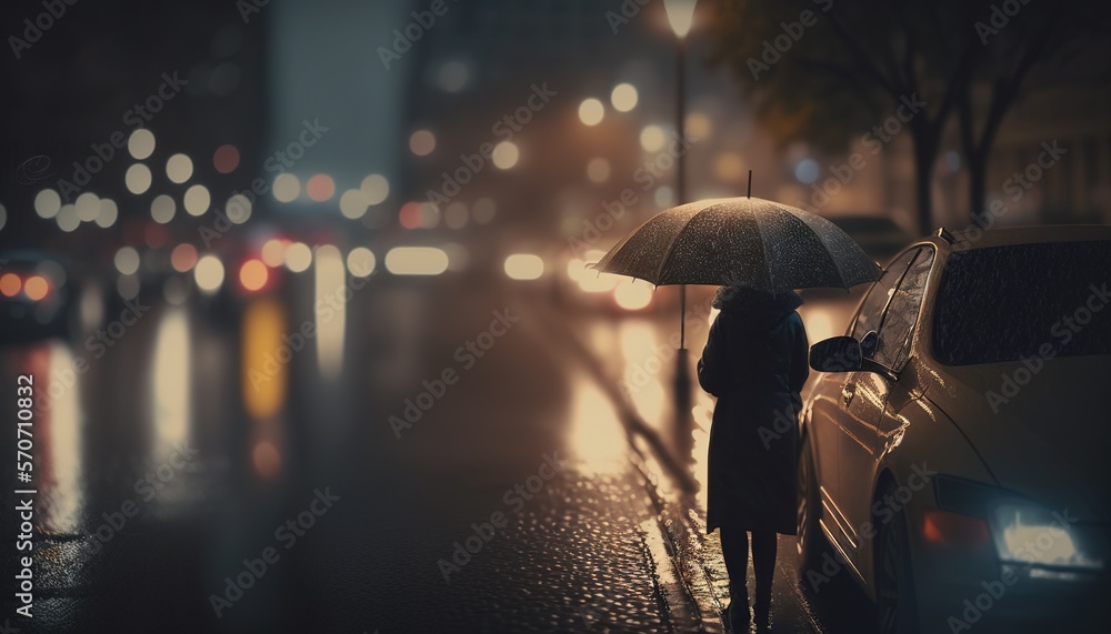  a person with an umbrella standing on a street at night with a car parked on the side of the street