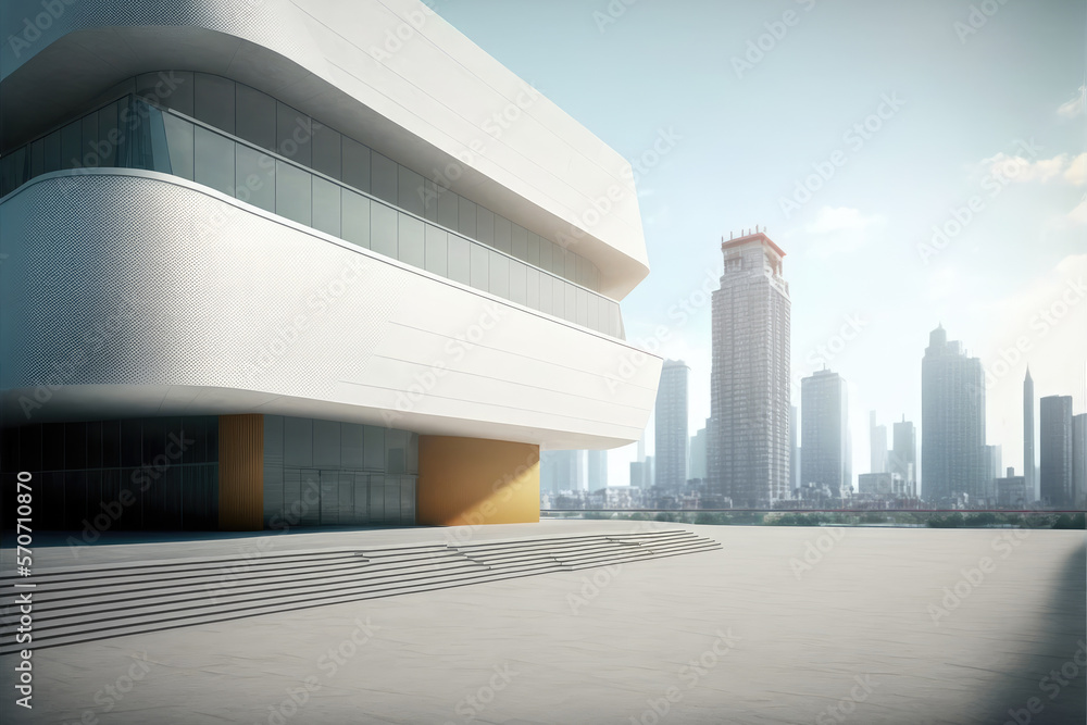 Modern architecture building design with empty concrete floor and urban city skyline in background s