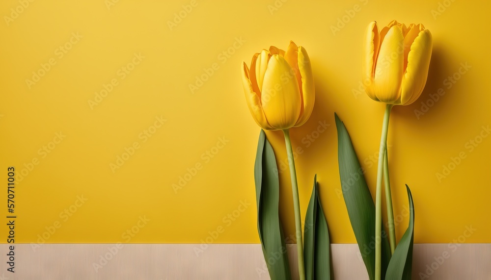  two yellow tulips on a yellow and beige background with a white stripe on the bottom of the picture