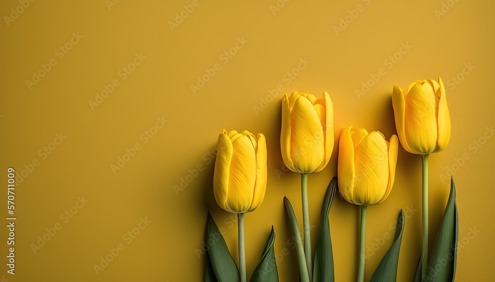  three yellow tulips on a yellow background with green leaves on the bottom of the flowers and the b