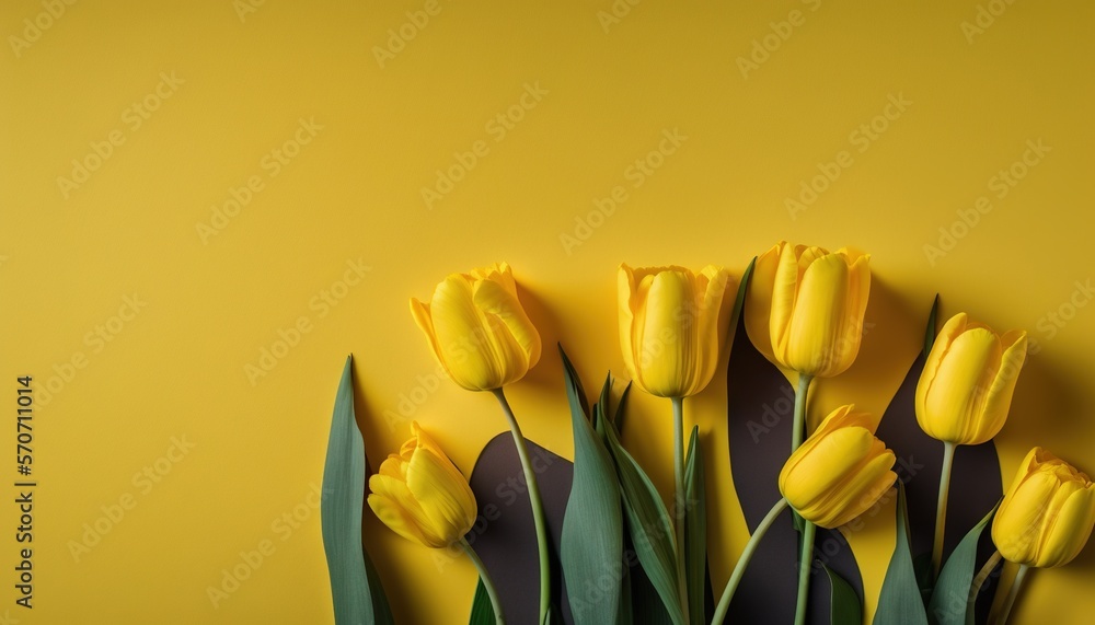  a bunch of yellow tulips on a yellow background with a black border around them and a green stem in