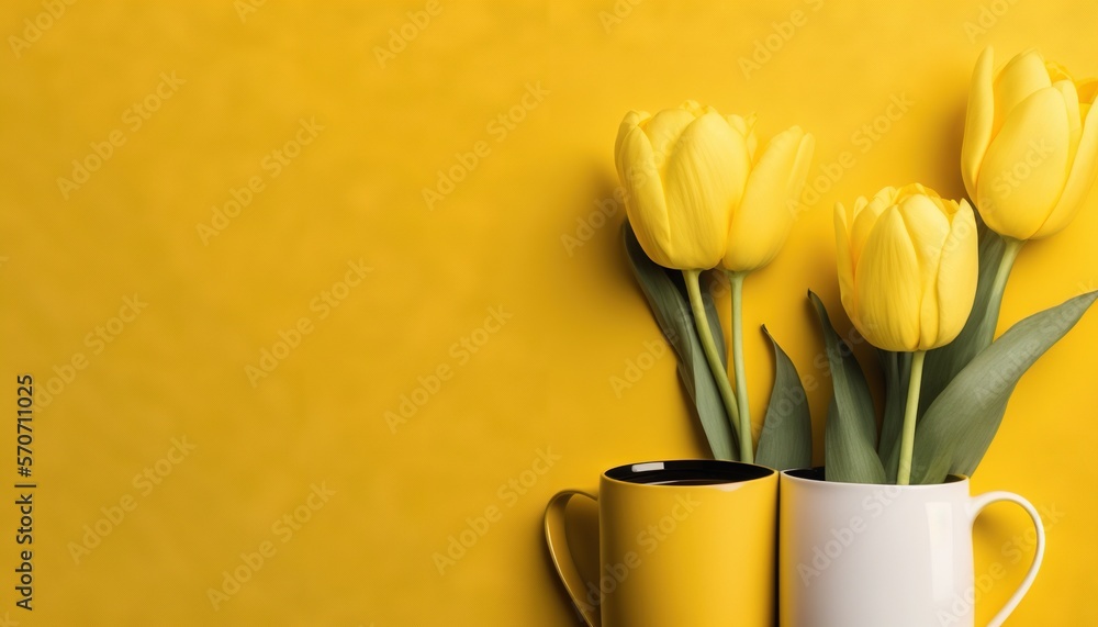  a couple of yellow flowers sitting in a white vase next to a yellow wall with a black cup on it and