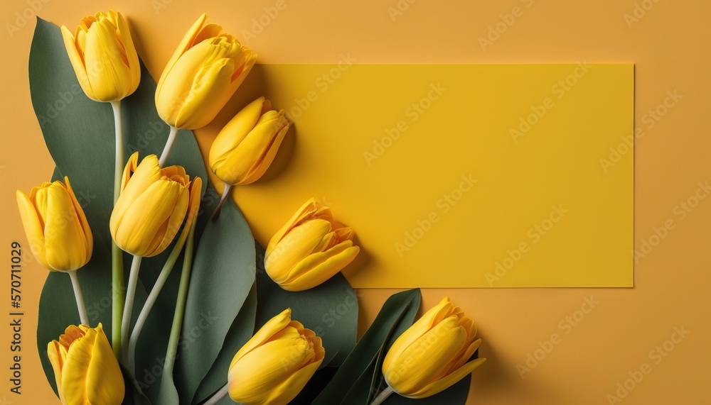  yellow tulips on a yellow background with a place for a text or a picture on a yellow background wi