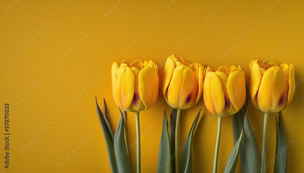  a group of yellow tulips on a yellow background with green stems in the foreground and a yellow wal